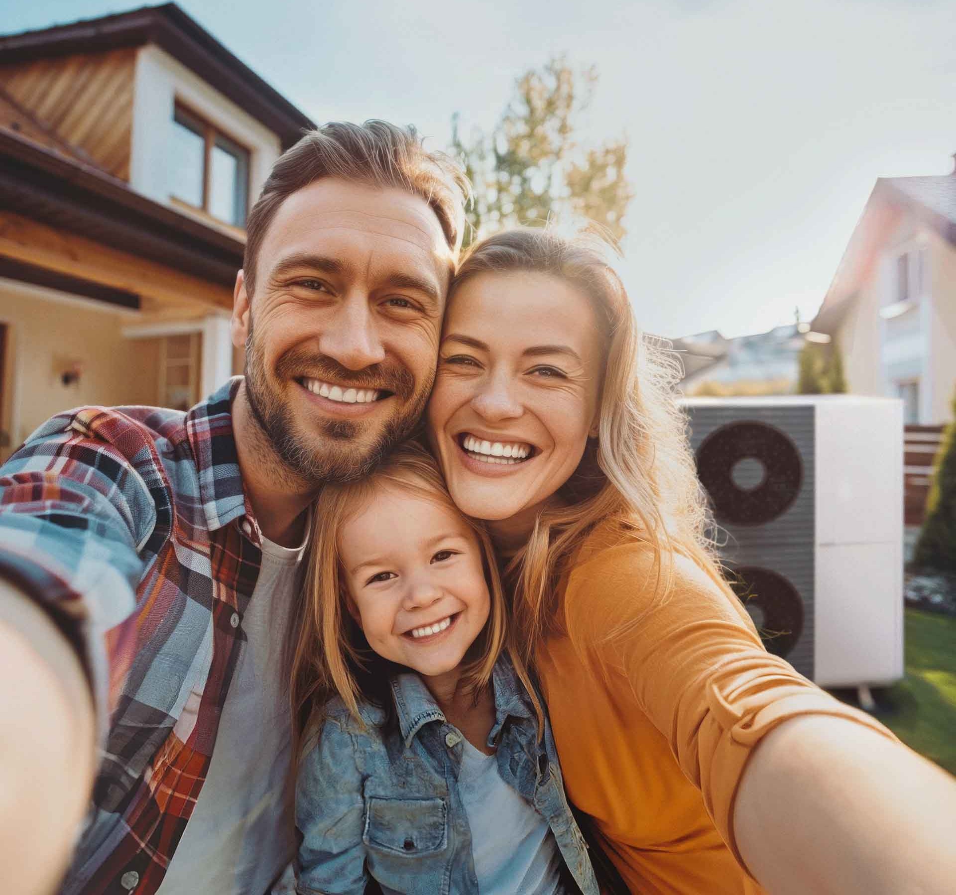 Familie steht vor ihrem Haus und freut sich über die Wärmepumpe